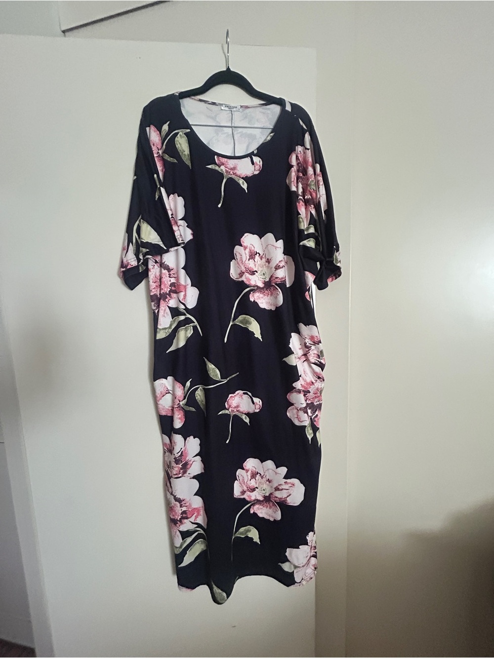 Navy Floral Maxi Kaftan Dress with Pink Bloom Print